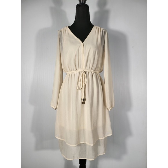 SOHO Apparel LTD.Long Sleeve Dress V-Neck Drawstring Waist  Beige Dress Size S - Picture 7 of 8